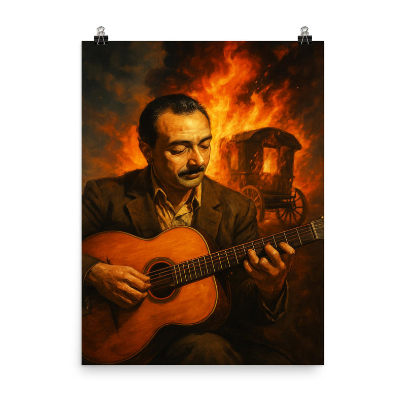 Django Reinhardt with caravan fire and guitar poster on a plain backdrop in size 8