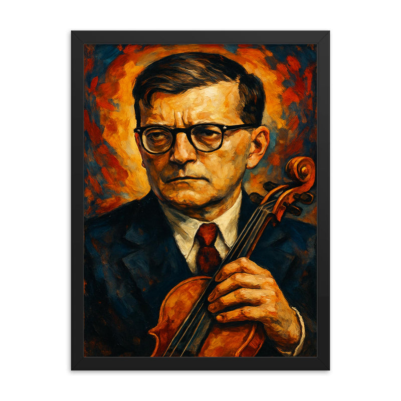 Dmitri Shostakovich framed print on a plain backdrop in size 18