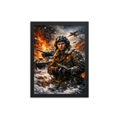 Dmitry Lavrinenko tank ace in burning snow framed print on a plain backdrop in size 12"x16".