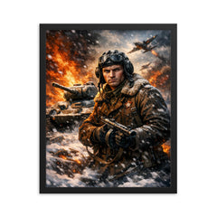 Dmitry Lavrinenko tank ace in burning snow framed print on a plain backdrop in size 16"x20".