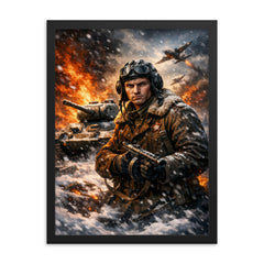 Dmitry Lavrinenko tank ace in burning snow framed print on a plain backdrop in size 18"x24".