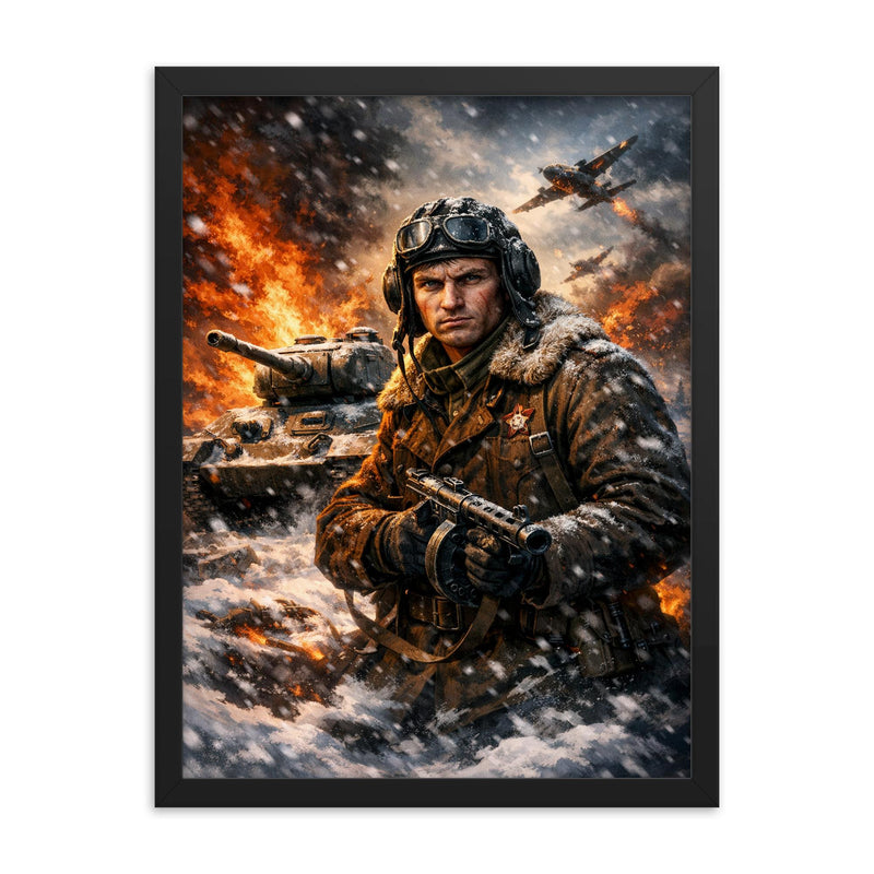 Dmitry Lavrinenko tank ace in burning snow framed print on a plain backdrop in size 18