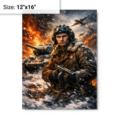 Dmitry Lavrinenko tank ace in burning snow metal print on a plain backdrop in size 12"x16".
