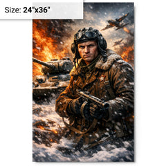 Dmitry Lavrinenko tank ace in burning snow metal print on a plain backdrop in size 24"x36".