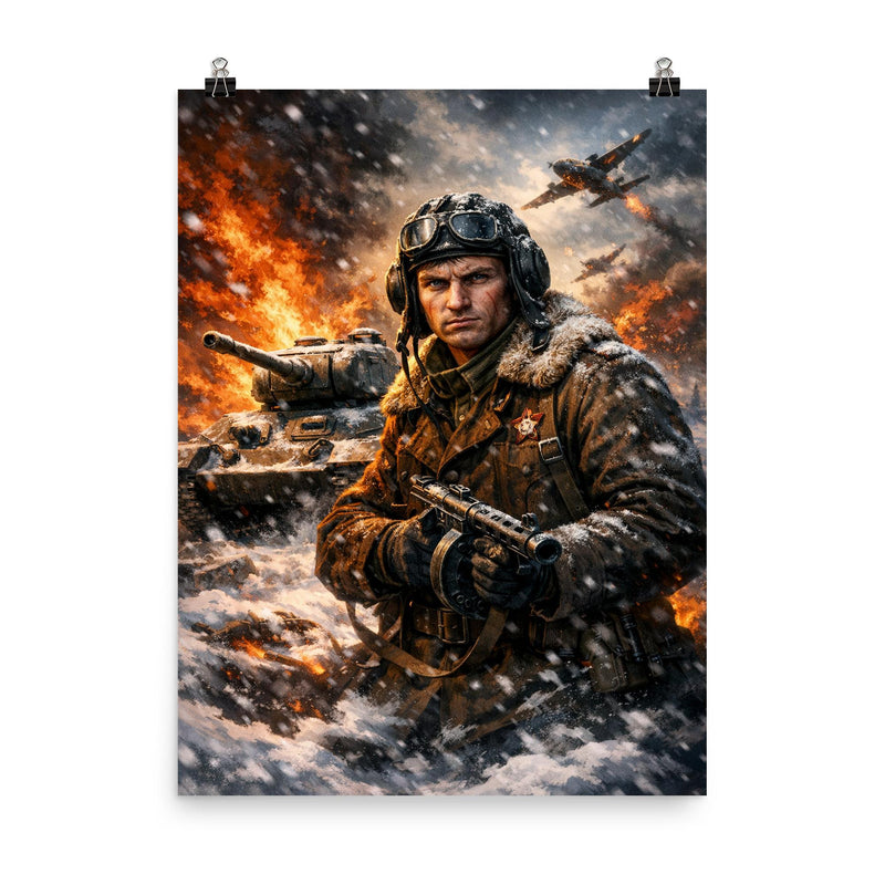 Dmitry Lavrinenko tank ace in burning snow poster on a plain backdrop in size 8