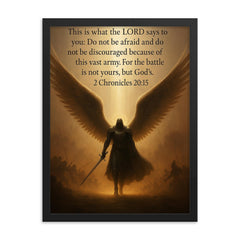 Do not be afraid and do not be discouraged - 2 Chronicles 2015 angel design framed print on a plain backdrop in size 18"x24".