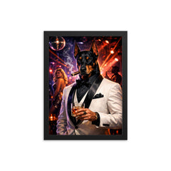 Doberman nightclub impresario in white dinner jacket framed print on a plain backdrop in size 12"x16".