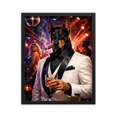 Doberman nightclub impresario in white dinner jacket framed print on a plain backdrop in size 16"x20".