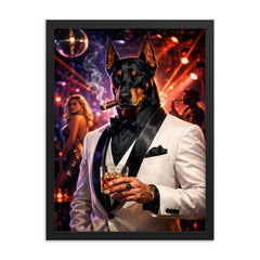 Doberman nightclub impresario in white dinner jacket framed print on a plain backdrop in size 18"x24".