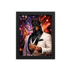 Doberman nightclub impresario in white dinner jacket framed print on a plain backdrop in size 8"x10".