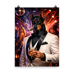 Doberman nightclub impresario in white dinner jacket poster on a plain backdrop in size 8"x10".
