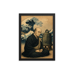 Dogen beside waves and a meditation bell framed print on a plain backdrop in size 12"x16".