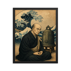 Dogen beside waves and a meditation bell framed print on a plain backdrop in size 16"x20".