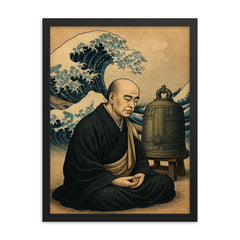 Dogen beside waves and a meditation bell framed print on a plain backdrop in size 18"x24".