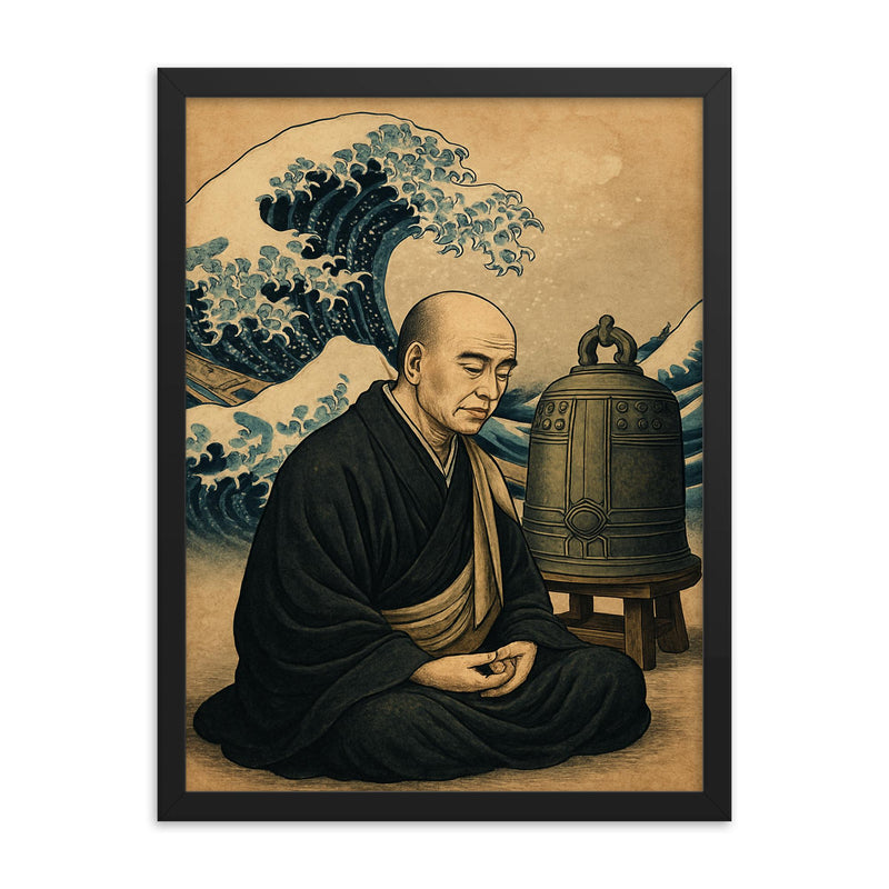 Dogen beside waves and a meditation bell framed print on a plain backdrop in size 18
