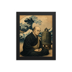 Dogen beside waves and a meditation bell framed print on a plain backdrop in size 8"x10".