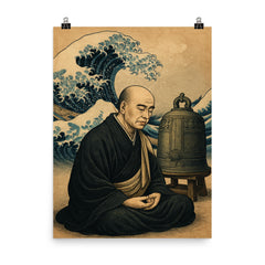 Dogen beside waves and a meditation bell poster on a plain backdrop in size 8"x10".