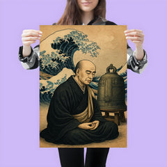 Dogen beside waves and a meditation bell poster 3