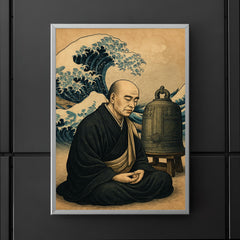 Dogen beside waves and a meditation bell poster 5