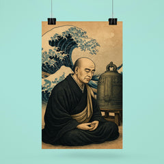 Dogen beside waves and a meditation bell poster 6