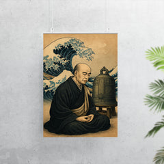 Dogen beside waves and a meditation bell poster 7