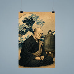 Dogen beside waves and a meditation bell poster 9