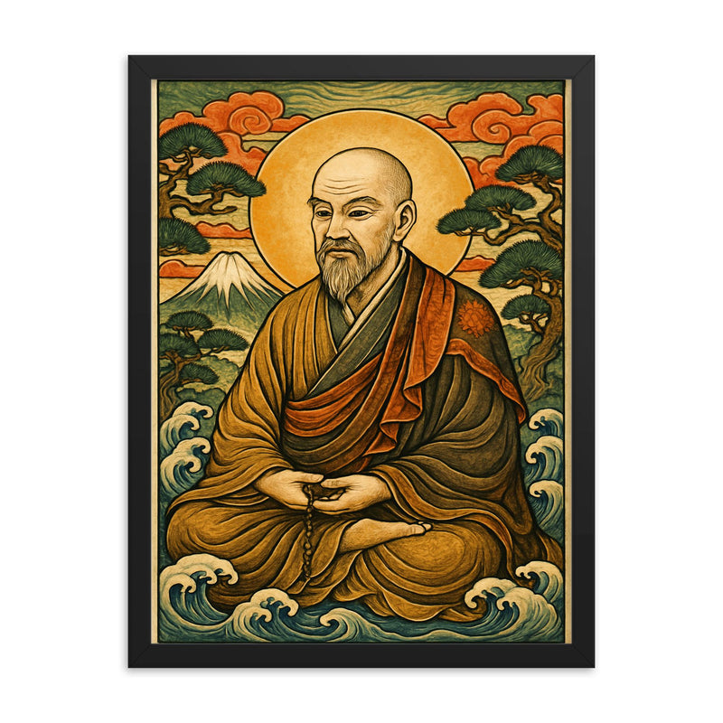 Dogen Kigen ancient Japanese style art framed print on a plain backdrop in size 18