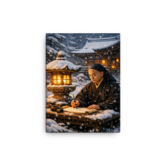 Dogen writing beside winter temple lantern canvas print on a plain backdrop in size 12"x16".