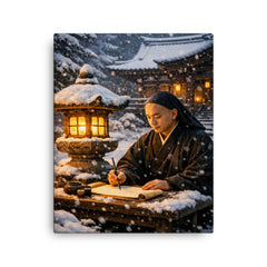 Dogen writing beside winter temple lantern canvas print on a plain backdrop in size 16"x20".