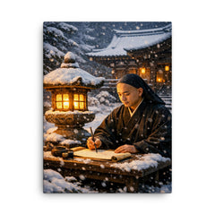 Dogen writing beside winter temple lantern canvas print on a plain backdrop in size 18"x24".