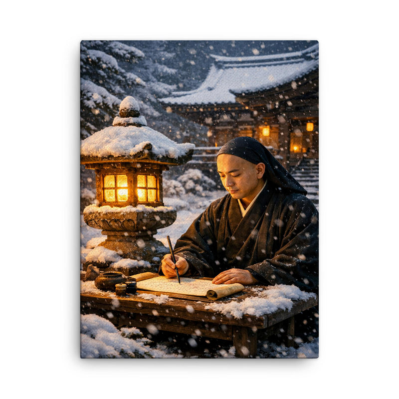 Dogen writing beside winter temple lantern canvas print on a plain backdrop in size 18