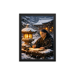 Dogen writing beside winter temple lantern framed print on a plain backdrop in size 12"x16".