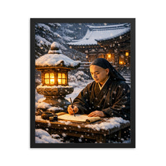 Dogen writing beside winter temple lantern framed print on a plain backdrop in size 16"x20".