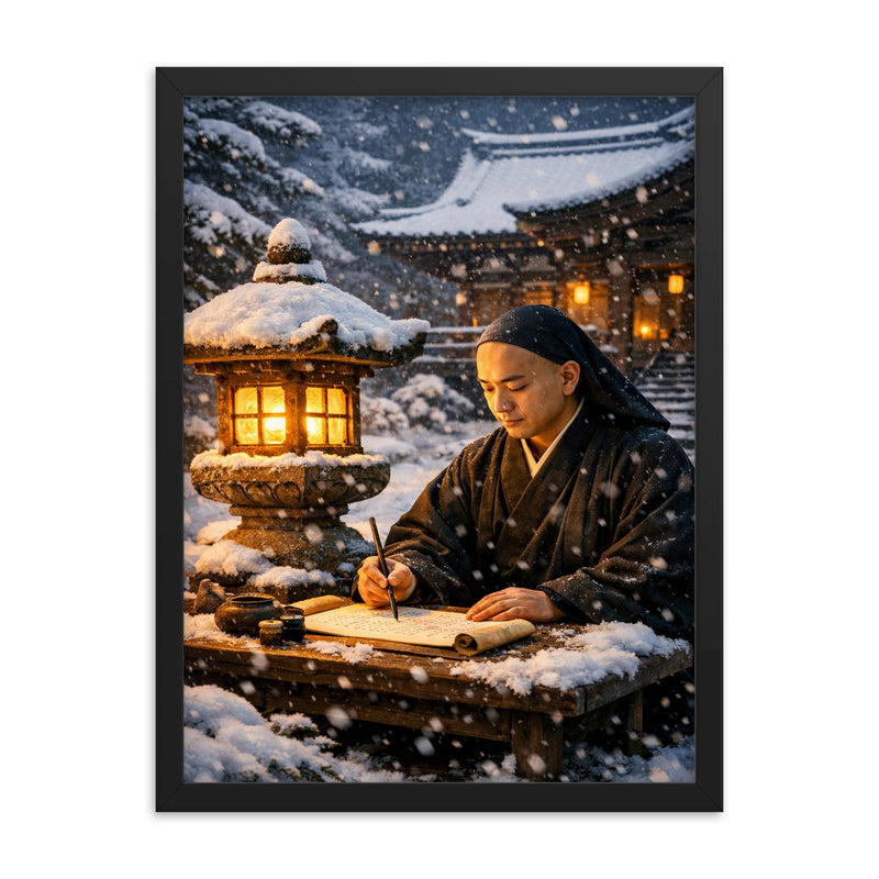 Dogen writing beside winter temple lantern framed print on a plain backdrop in size 18