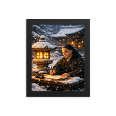 Dogen writing beside winter temple lantern framed print on a plain backdrop in size 8"x10".