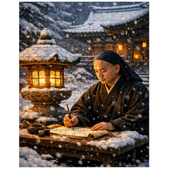 Dogen writing beside winter temple lantern jigsaw puzzle