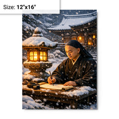 Dogen writing beside winter temple lantern metal print on a plain backdrop in size 12"x16".