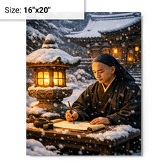 Dogen writing beside winter temple lantern metal print on a plain backdrop in size 16"x20".