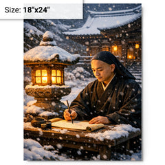 Dogen writing beside winter temple lantern metal print on a plain backdrop in size 18"x24".