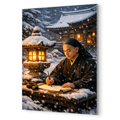 Dogen writing beside winter temple lantern metal print mockup