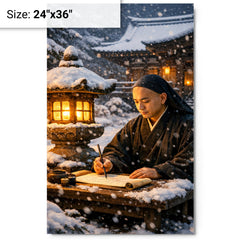 Dogen writing beside winter temple lantern metal print on a plain backdrop in size 24"x36".