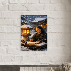 Dogen writing beside winter temple lantern metal print mockup