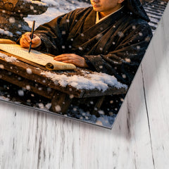 Dogen writing beside winter temple lantern metal print mockup
