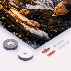 Dogen writing beside winter temple lantern metal print mockup