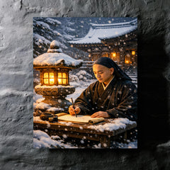 Dogen writing beside winter temple lantern metal print mockup