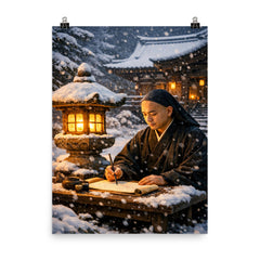 Dogen writing beside winter temple lantern poster on a plain backdrop in size 8"x10".