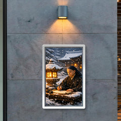Dogen writing beside winter temple lantern poster 2