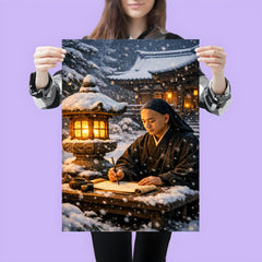 Dogen writing beside winter temple lantern poster 3