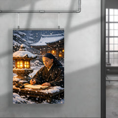 Dogen writing beside winter temple lantern poster 4