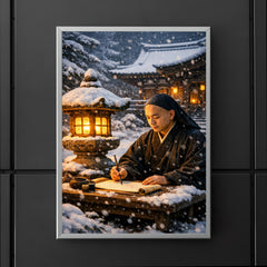 Dogen writing beside winter temple lantern poster 5